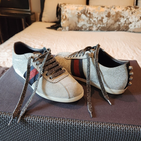 Gucci Silver Bambi Glitter Web 37.5 - Picture 1 of 4